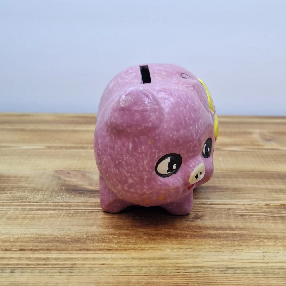 Vintage Lightweight‎ Retro Piggy Bank - Pink With Yellow Flower